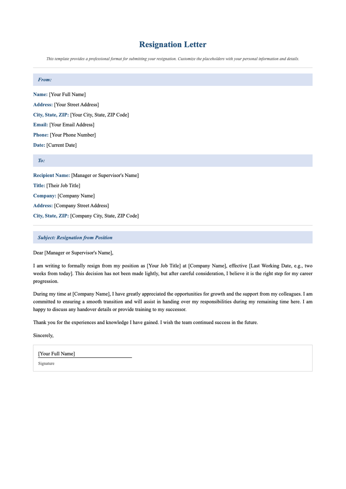General resignation letter sample with placeholder fields and download prompt_variant_2